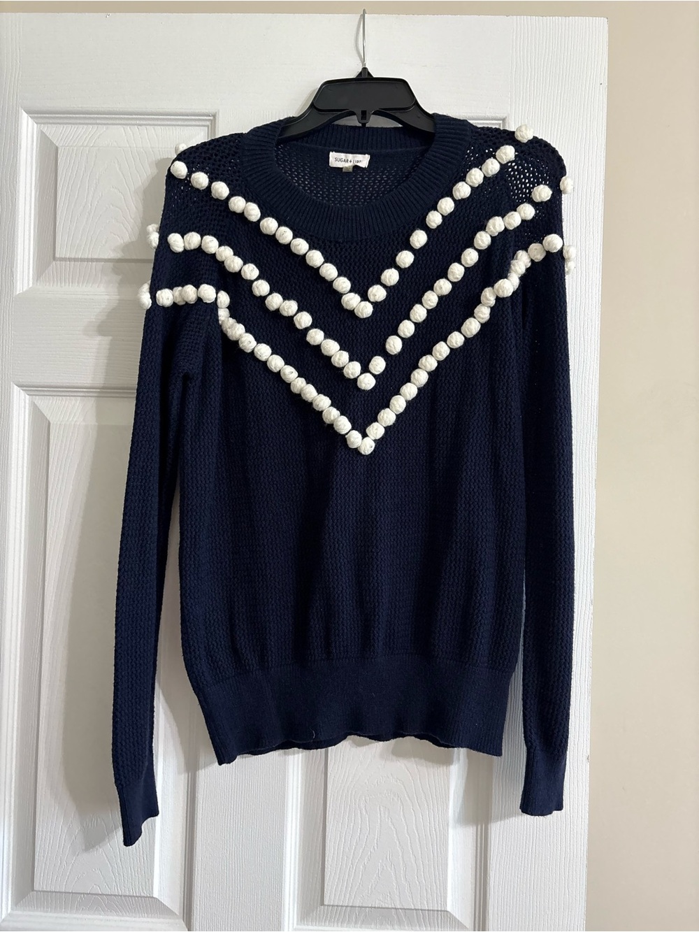 Sugarlips Navy Crewneck Sweater with White Pom-Pom Chevron Size Medium
